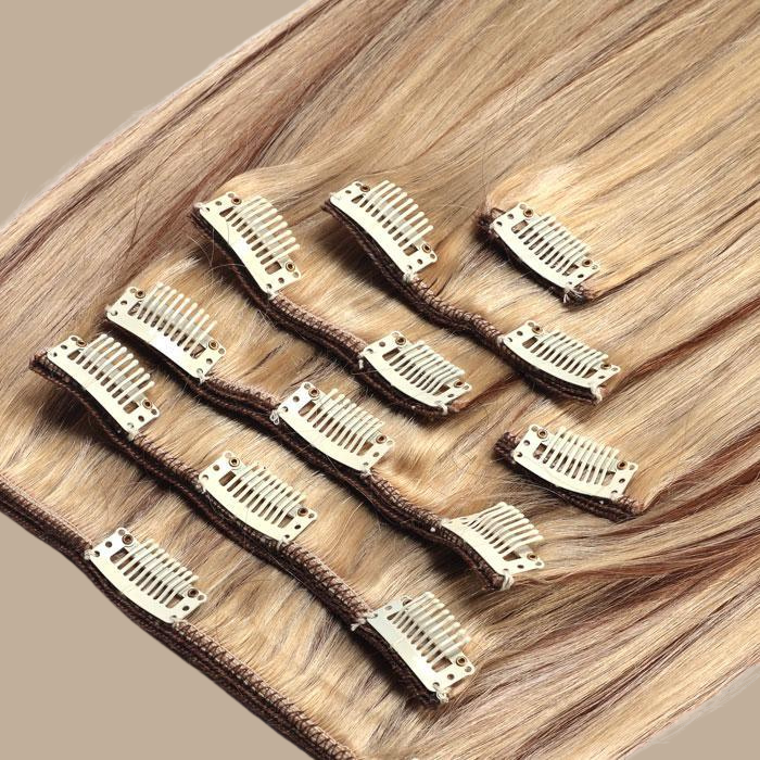 Extensions Clips Raides Châtain Méché Platine Chatain Méché Platine 18" | 46 Cm 85 Gr