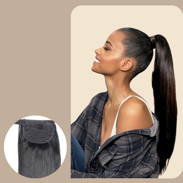 Queue de cheval Ponytail Noir Ruban Magique Remy Hair Straight Noir