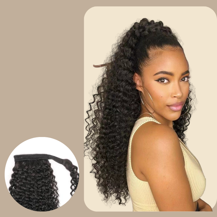 Queue de cheval Ponytail Noir Ruban Magique Remy Hair Kinky Curly Noir