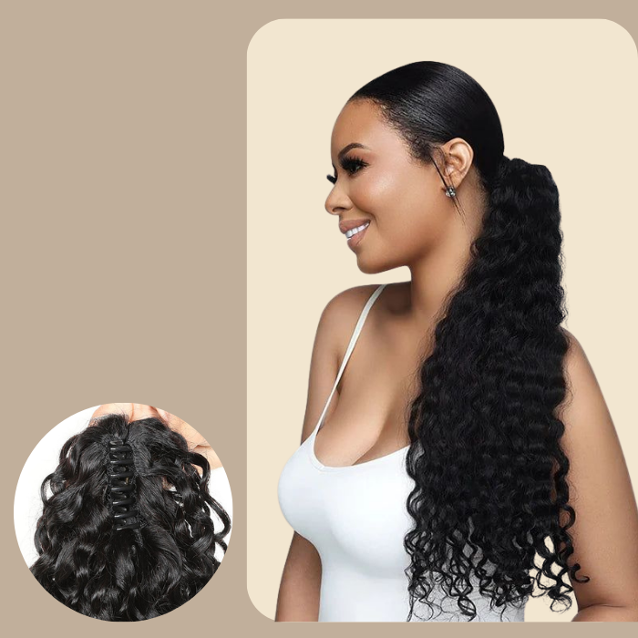 Queue de cheval Ponytail Noir à Pince Naturel Remy Hair Water Wave Noir