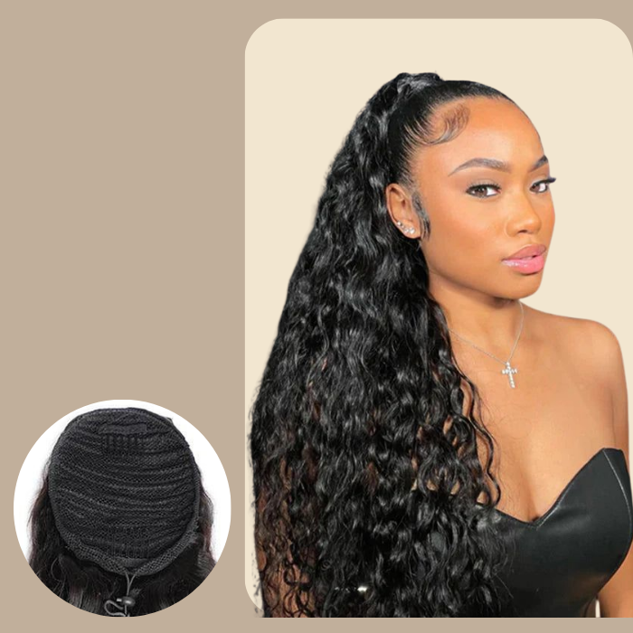 Queue de cheval Ponytail Noir A Cordon Remy Hair Water Wave Noir