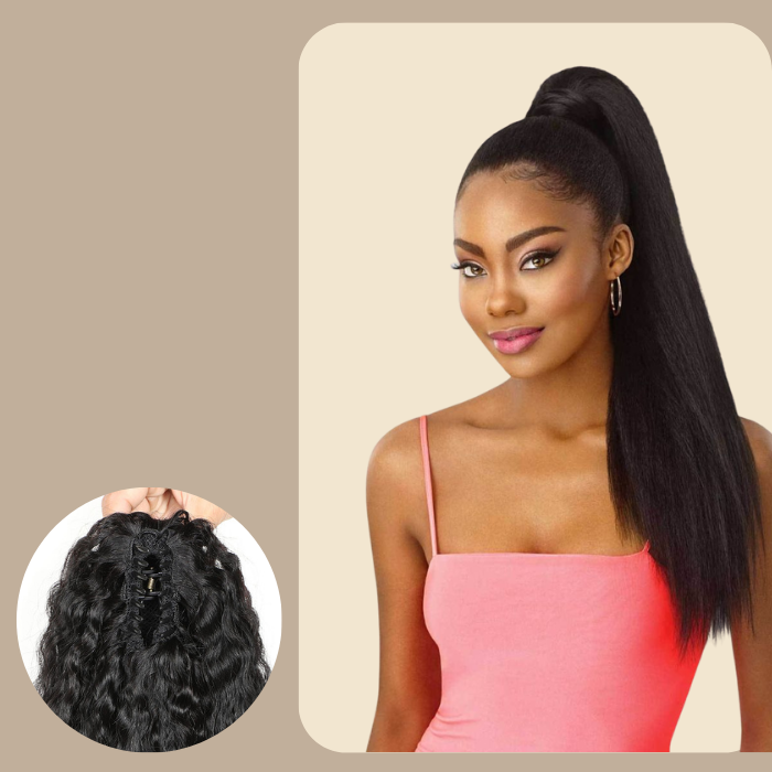 Queue de cheval Ponytail Noir à Pince Naturel Remy Hair Kinky Straight Noir