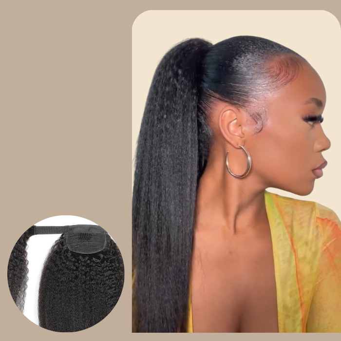 Queue de cheval Ponytail Noir Ruban Magique Remy Hair Kinky Straight Noir