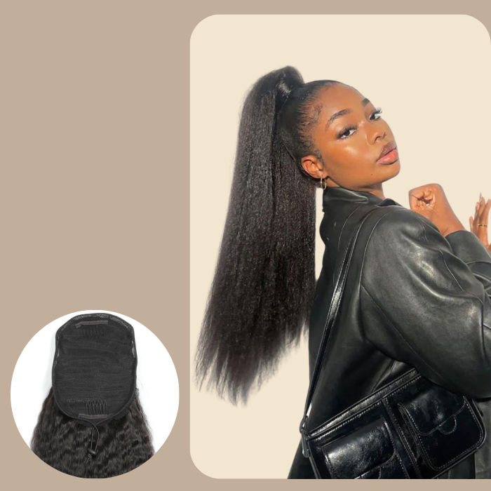 Queue de cheval Ponytail Noir A Cordon Remy Hair Kinky Straight Noir