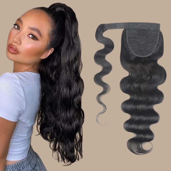 Queue de cheval Ponytail Noir Ruban Magique Remy Hair Body Wave Noir