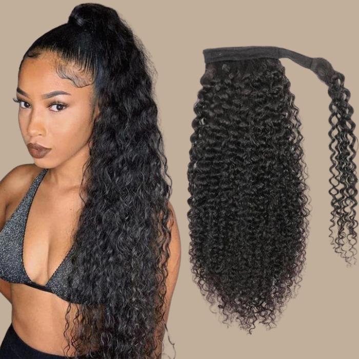 Queue de cheval Ponytail Noir Ruban Magique Remy Hair Kinky Curly Noir