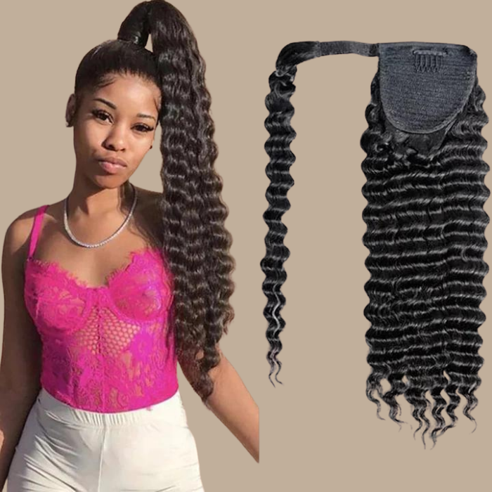 Queue de cheval Ponytail Noir Ruban Magique Remy Hair Deep Wave Noir