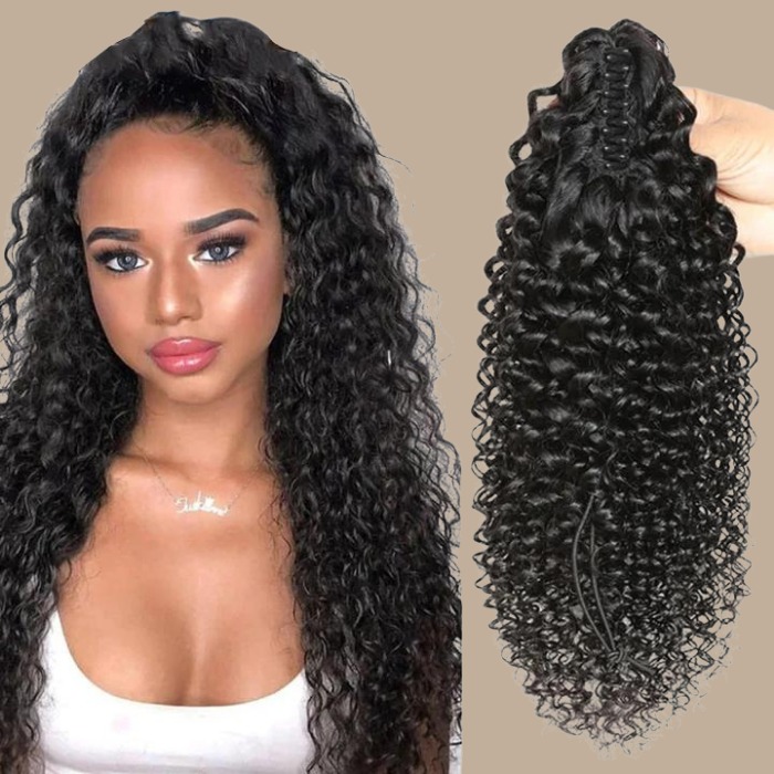 Queue de cheval Ponytail Noir à Pince Naturel Remy Hair Kinky Curly Noir