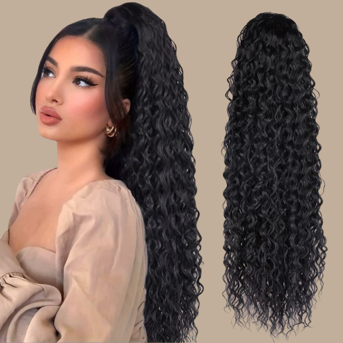 Queue de cheval Ponytail Noir Ruban Magique Remy Hair Water Wave Noir