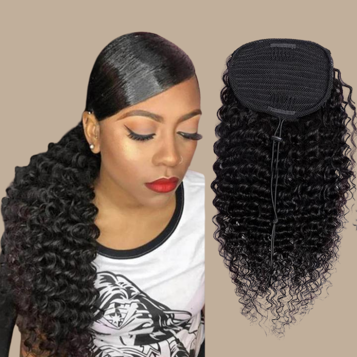 Queue de cheval Ponytail Noir A Cordon Remy Hair Deep Wave Noir