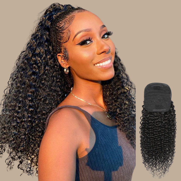 Queue de cheval Ponytail Noir A Cordon Remy Hair Kinky Curly Noir