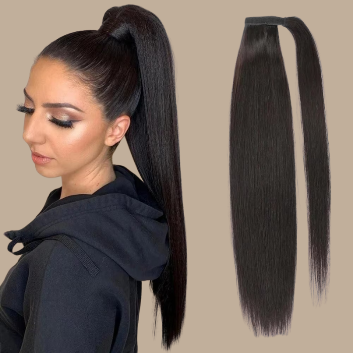 Queue de cheval Ponytail Noir Ruban Magique Remy Hair Straight Noir