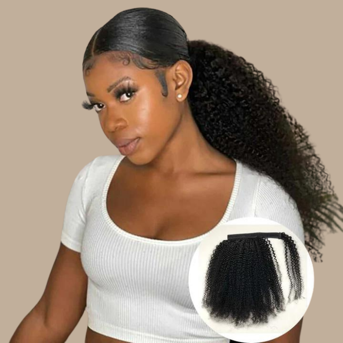 Queue de cheval Ponytail Noir Ruban Magique Remy Hair Afro Curly Noir