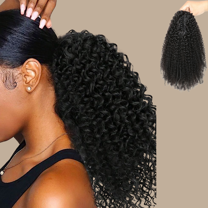 Queue de cheval Ponytail Noir à Pince Naturel Remy Hair Afro Curly Noir