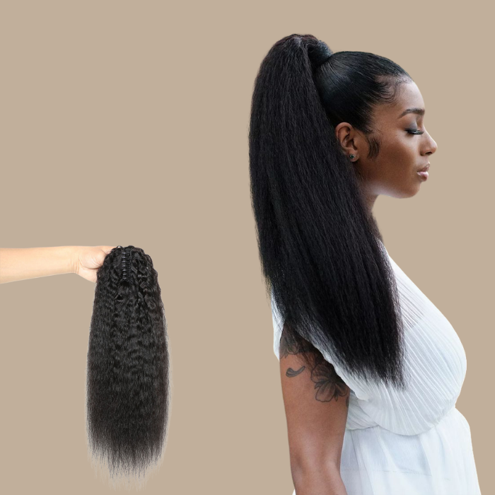 Queue de cheval Ponytail Noir à Pince Naturel Remy Hair Kinky Straight Noir