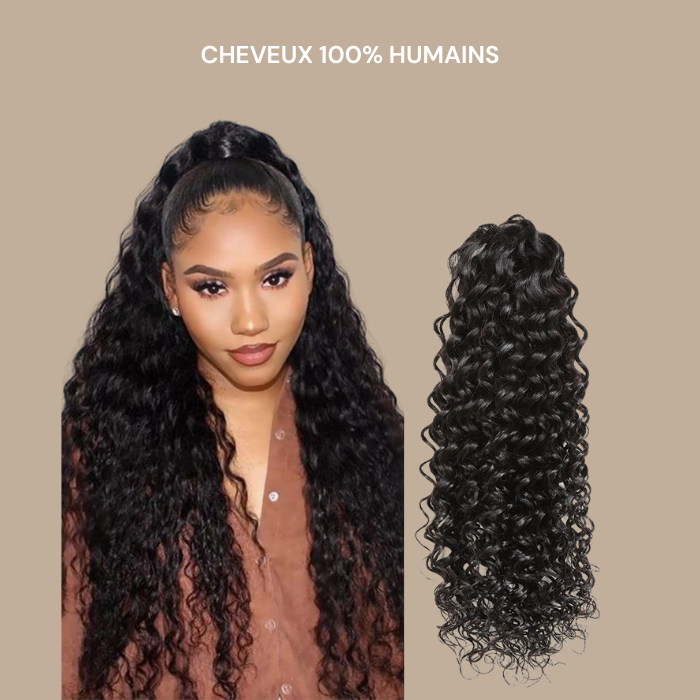 Queue de cheval Ponytail Noir à Pince Naturel Remy Hair Deep Wave Noir