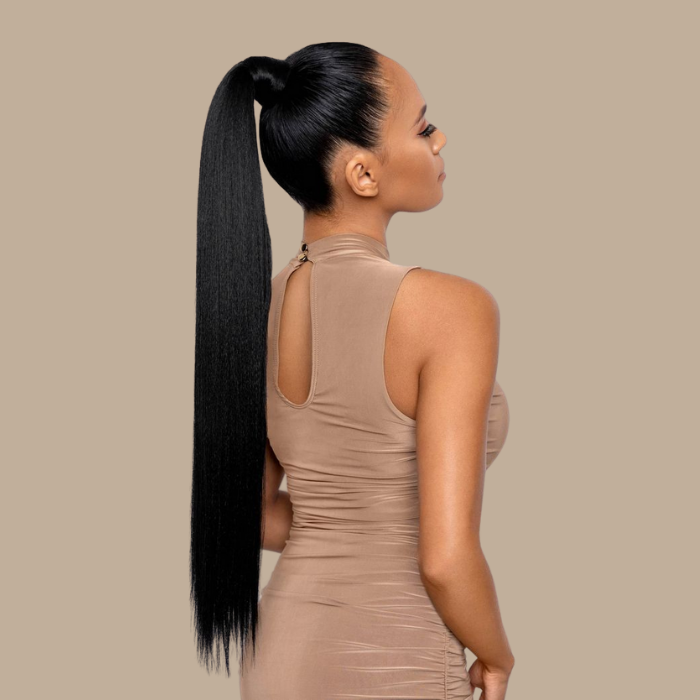 Queue de cheval Ponytail Noir Ruban Magique Remy Hair Straight Noir