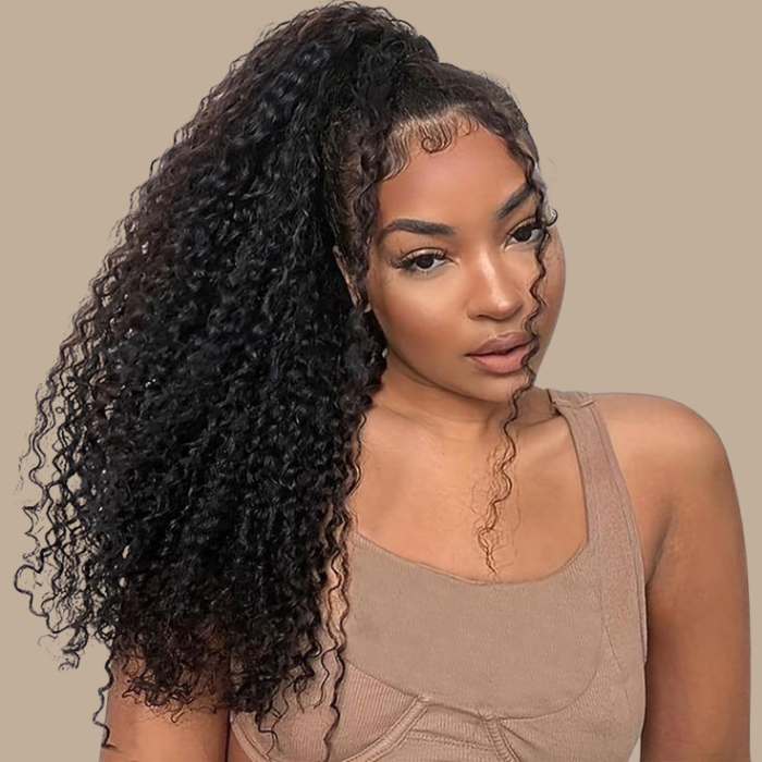 Queue de cheval Ponytail Noir Ruban Magique Remy Hair Kinky Curly Noir