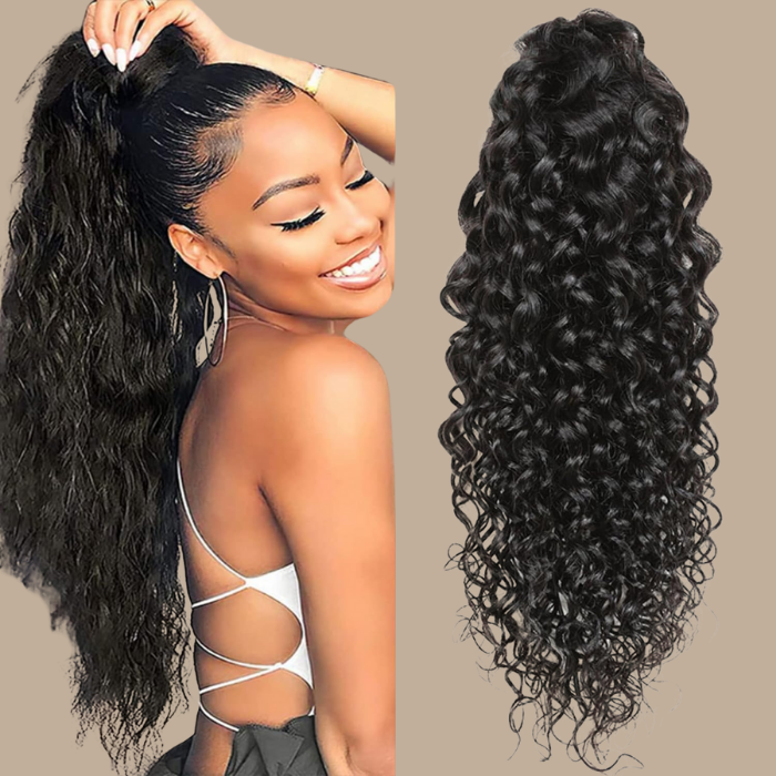 Queue de cheval Ponytail Noir A Cordon Remy Hair Water Wave Noir