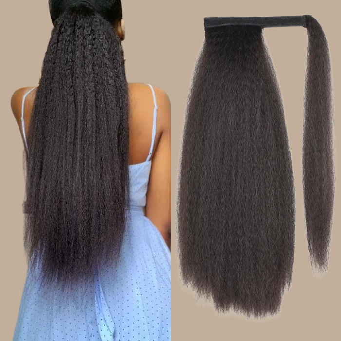 Queue de cheval Ponytail Noir Ruban Magique Remy Hair Kinky Straight Noir