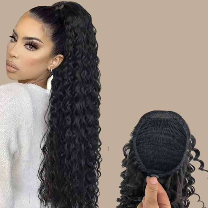 Queue de cheval Ponytail Noir A Cordon Remy Hair Deep Wave Noir