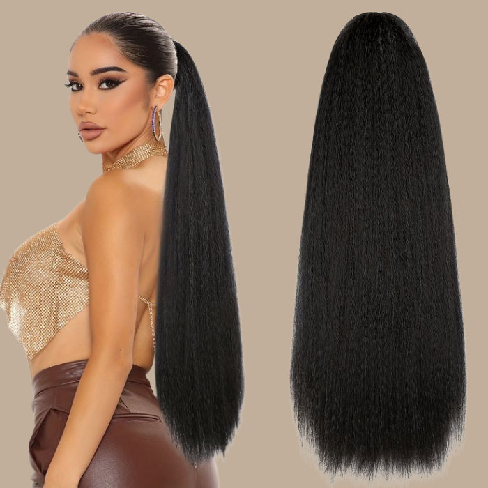 Queue de cheval Ponytail Noir à Pince Naturel Remy Hair Yaki Straight Noir