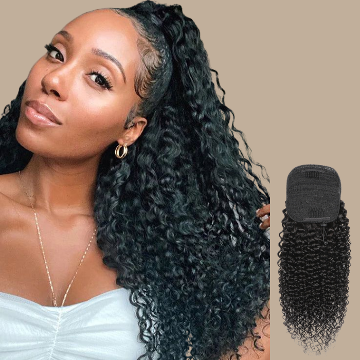 Queue de cheval Ponytail Noir A Cordon Remy Hair Kinky Curly Noir