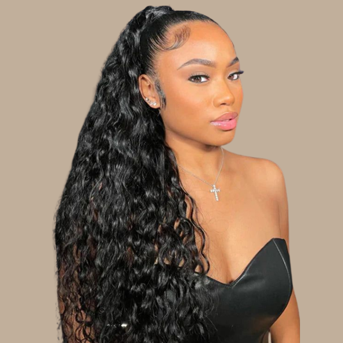 Queue de cheval Ponytail Noir Ruban Magique Remy Hair Water Wave Noir