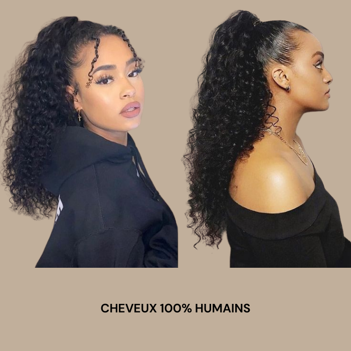 Queue de cheval Ponytail Noir Ruban Magique Remy Hair Afro Curly Noir