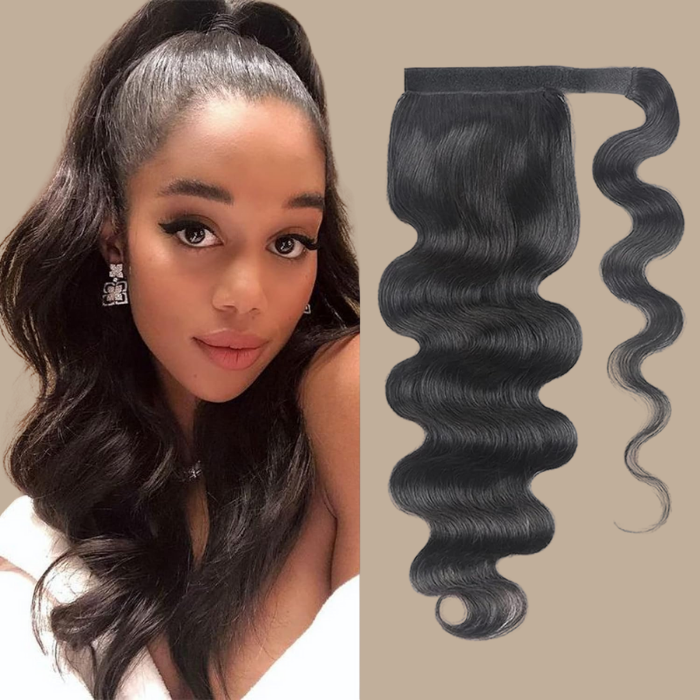 Queue de cheval Ponytail Noir Ruban Magique Remy Hair Body Wave Noir