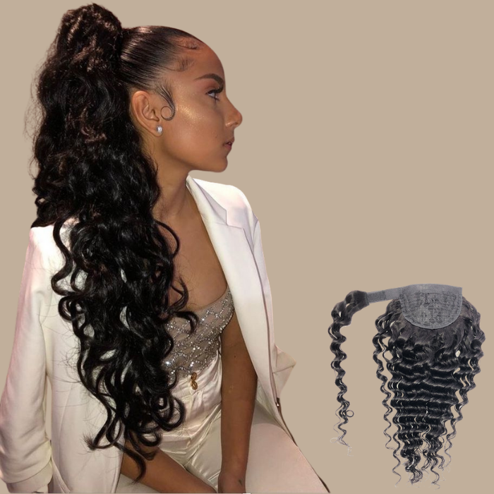 Queue de cheval Ponytail Noir Ruban Magique Remy Hair Deep Wave Noir