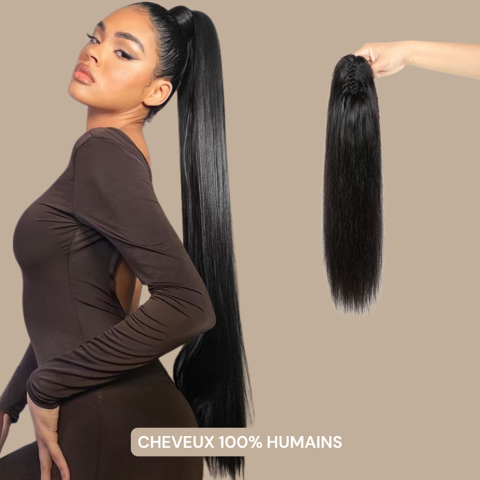 Queue de cheval Ponytail Noir à Pince Naturel Remy Hair Straight Noir