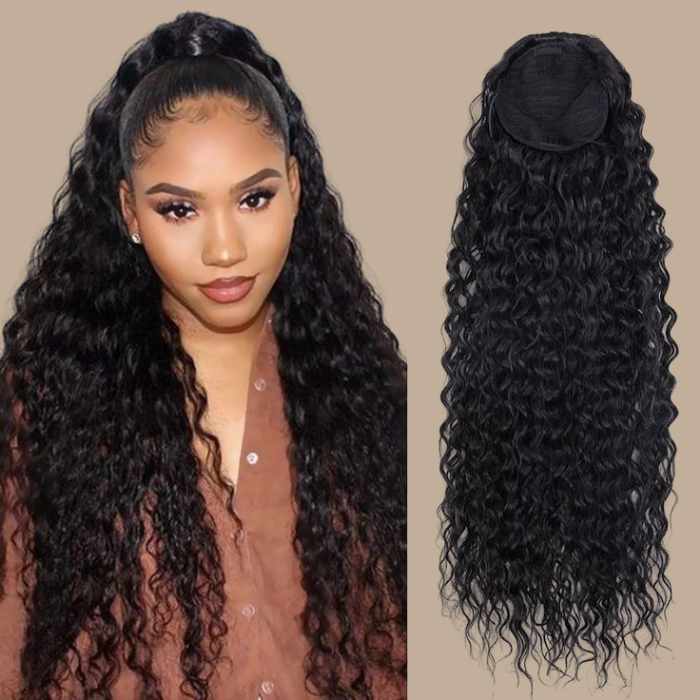 Queue de cheval Ponytail Noir Ruban Magique Remy Hair Kinky Curly Noir