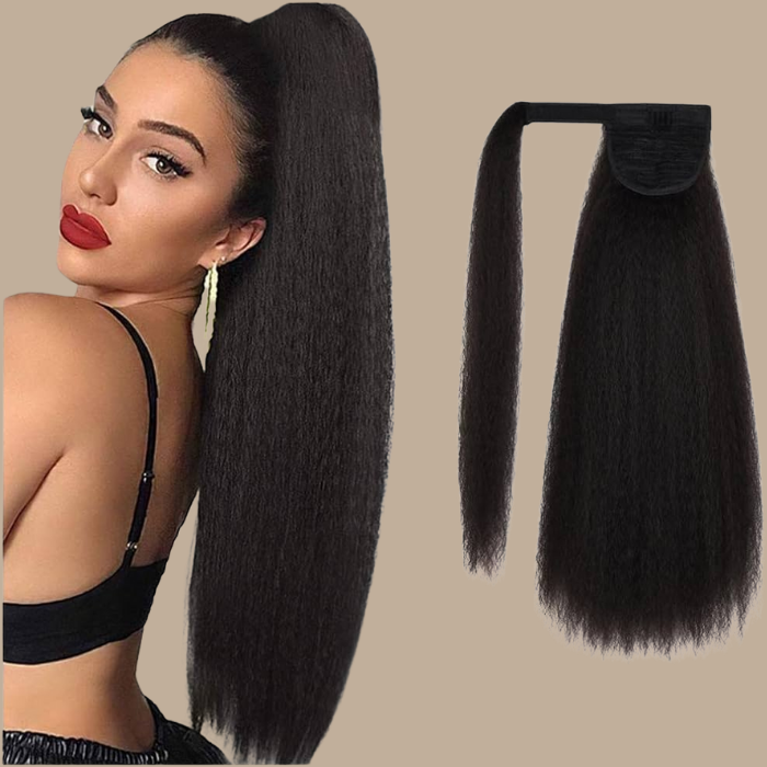 Queue de cheval Ponytail Noir Ruban Magique Remy Hair Yaki Straight Noir