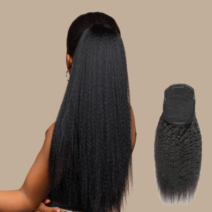 Queue de cheval Ponytail Noir A Cordon Remy Hair Kinky Straight Noir