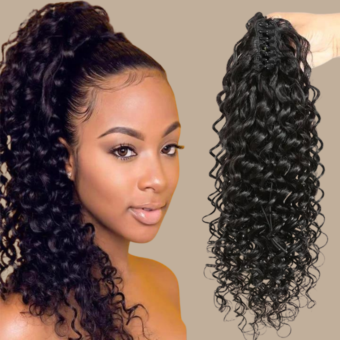 Queue de cheval Ponytail Noir à Pince Naturel Remy Hair Deep Wave Noir