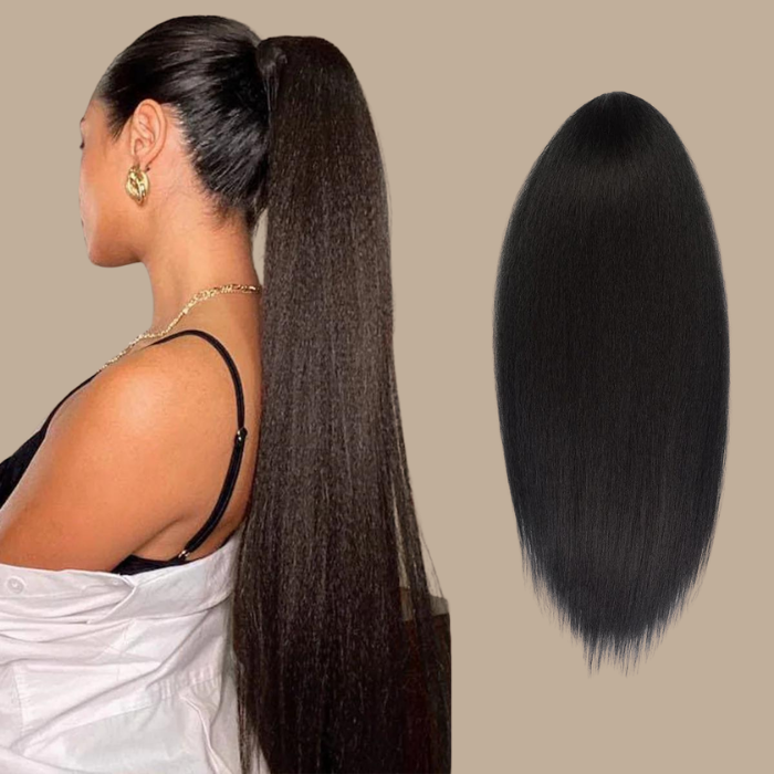 Queue de cheval Ponytail Noir Ruban Magique Remy Hair Yaki Straight Noir