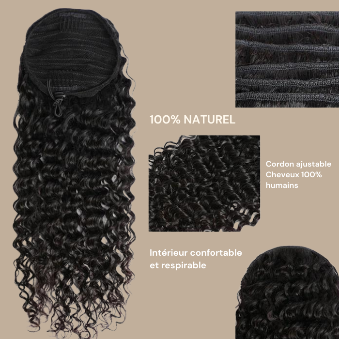 Queue de cheval Ponytail Noir A Cordon Remy Hair Deep Wave Noir