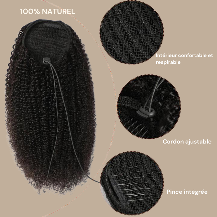 Queue de cheval Ponytail Noir A Cordon Remy Hair Afro Curly Noir