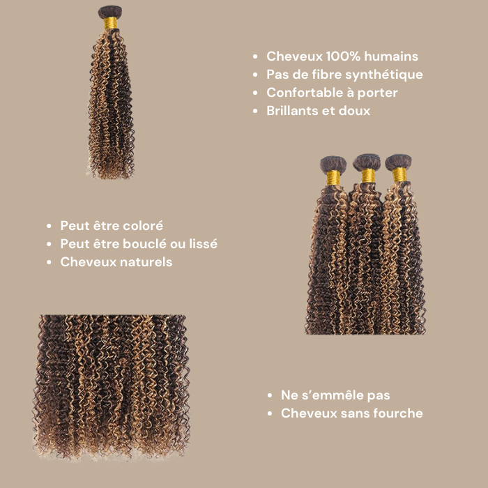 Tissage Cheveux Vierge Human Hair Kinky Curly 7A Chatain Méché Blond P4/27 100 Gr Chatain méché blond P4 27 1 Pc