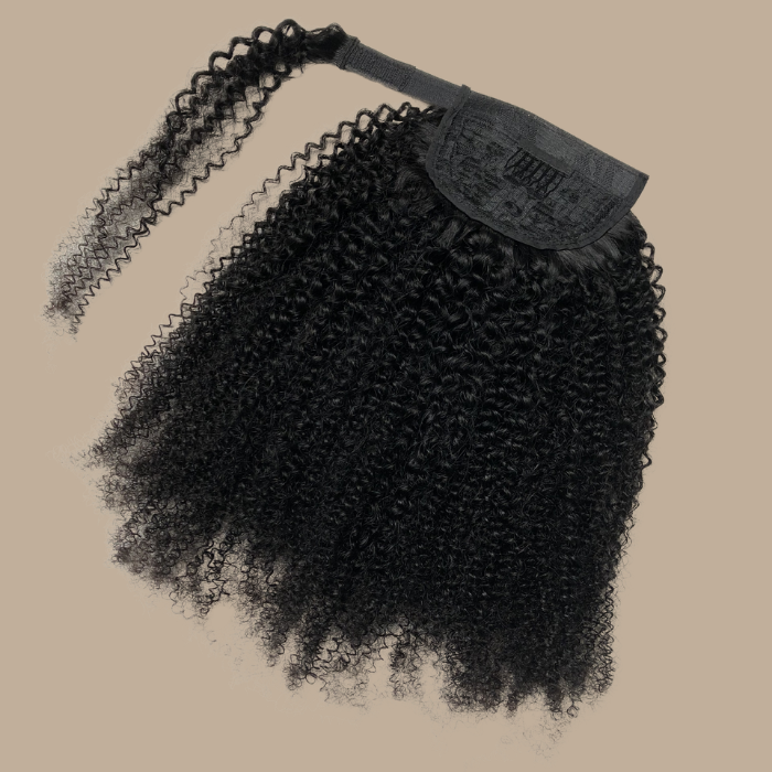 Queue de cheval Ponytail Noir Ruban Magique Remy Hair Afro Curly Noir