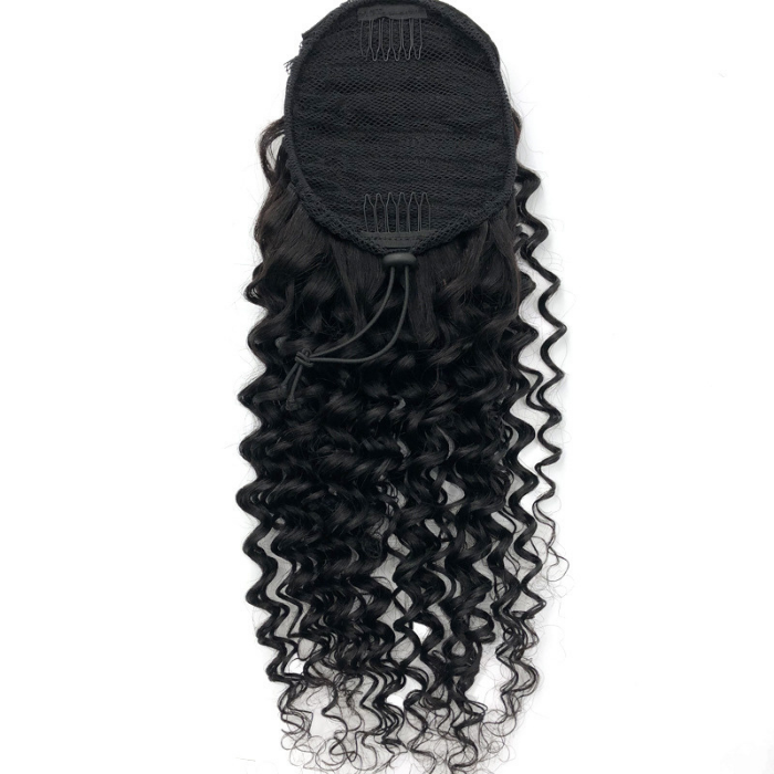 Queue de cheval Ponytail Noir A Cordon Remy Hair Deep Wave Noir