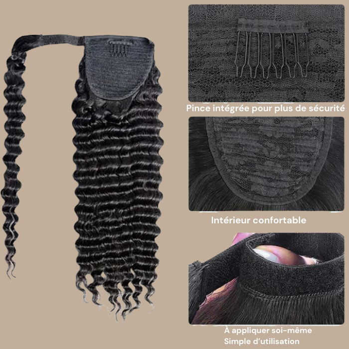 Queue de cheval Ponytail Noir Ruban Magique Remy Hair Deep Wave Noir