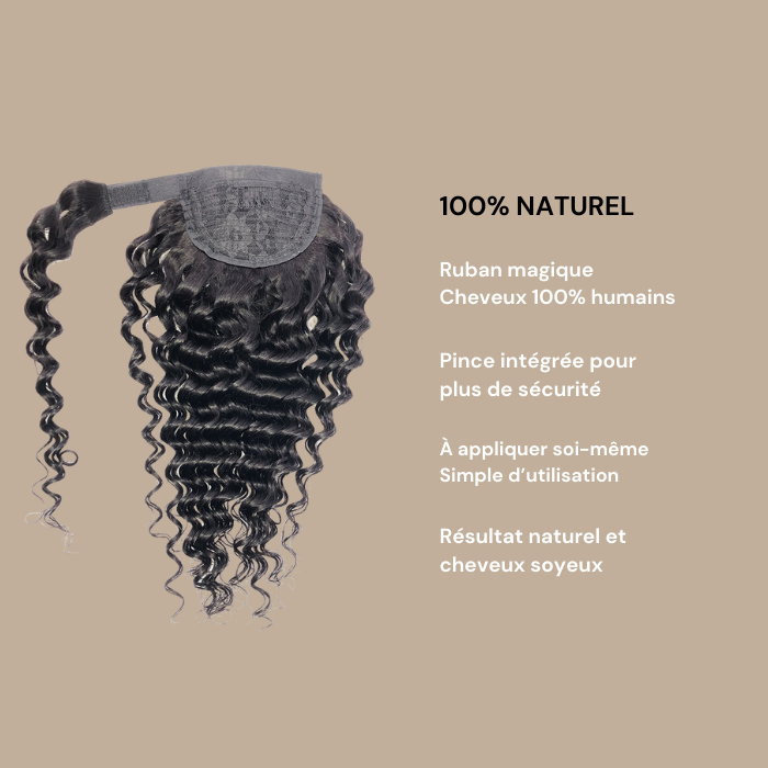 Queue de cheval Ponytail Noir Ruban Magique Remy Hair Deep Wave Noir