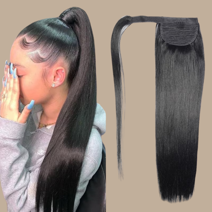 Queue de cheval Ponytail Noir Ruban Magique Remy Hair Straight Noir