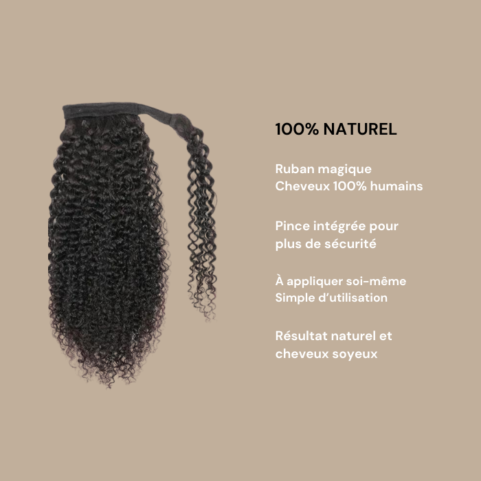 Queue de cheval Ponytail Noir Ruban Magique Remy Hair Kinky Curly Noir