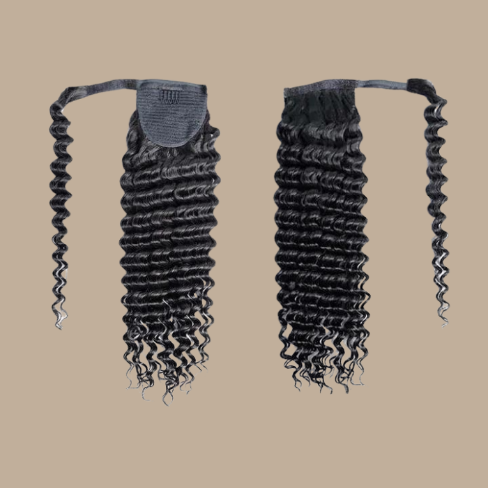 Queue de cheval Ponytail Noir Ruban Magique Remy Hair Deep Wave Noir