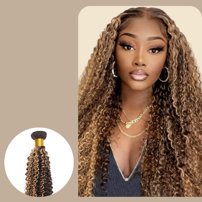 Tissage Cheveux Vierge Human Hair Kinky Curly 7A Chatain Méché Blond P4/27 100 Gr Chatain méché blond P4 27 1 Pc